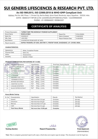 TURBO PUMP A HIGH QUALITY PRE-WORKOUT 250G, WITH LAB CERTIFICATE.
